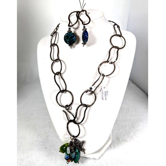 Vtge Upsycled necklace + earrings  Venetian glass jade + cryscolla chain 21" - Picture 1 of 8